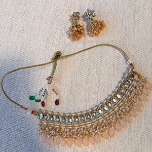 Indian Pakistani Gold and Pink Necklace Set